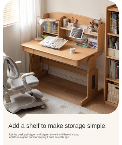 Beech Solid Wood Adjustable Height Kids Desk Natural Finish Study Table with Storage