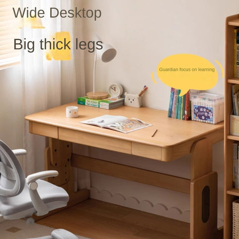 Beech Solid Wood Adjustable Height Kids Desk Natural Finish Study Table with Storage
