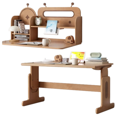 Beech Solid Wood Adjustable Height Kids Desk Natural Finish Study Table with Storage