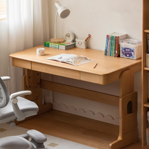 Beech Solid Wood Adjustable Height Kids Desk Natural Finish Study Table with Storage