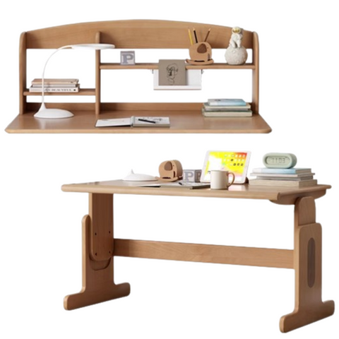 Beech Solid Wood Adjustable Height Kids Desk Natural Finish Study Table with Storage