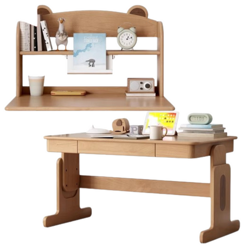 Beech Solid Wood Adjustable Height Kids Desk Natural Finish Study Table with Storage