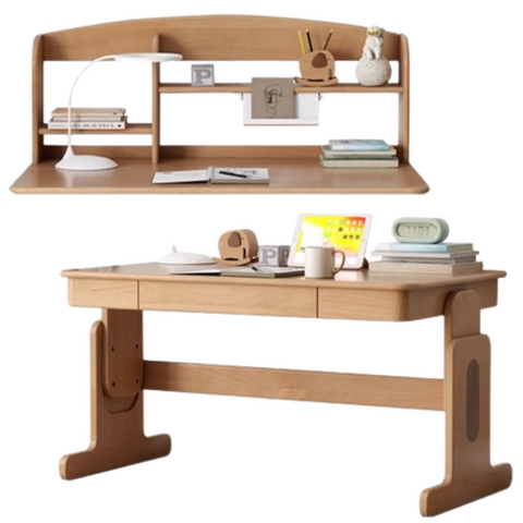 Beech Solid Wood Adjustable Height Kids Desk Natural Finish Study Table with Storage