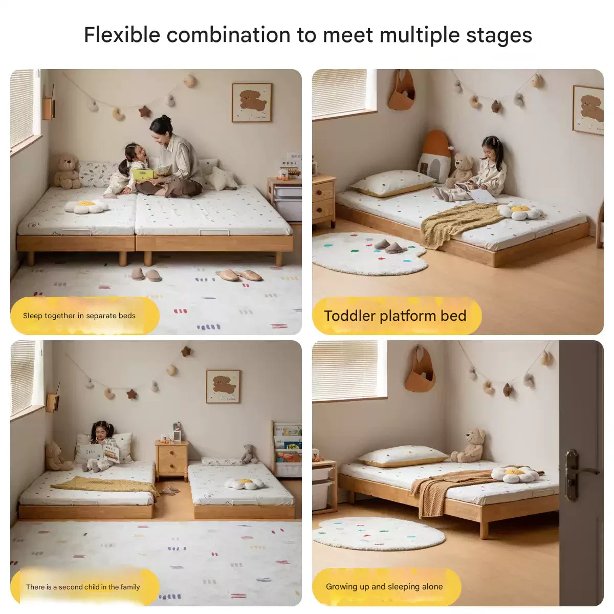 Birch Solid Wood Mother-and-child platform bed, headboard-free bed