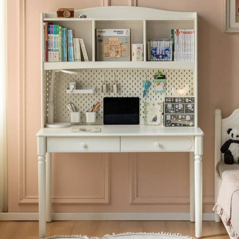 Cream Solid Rubber Wood Kids Study Desk with Storage & Retro Style for Children's Room
