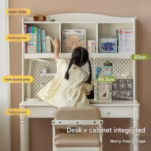 Cream Solid Rubber Wood Kids Study Desk with Storage & Retro Style for Children's Room