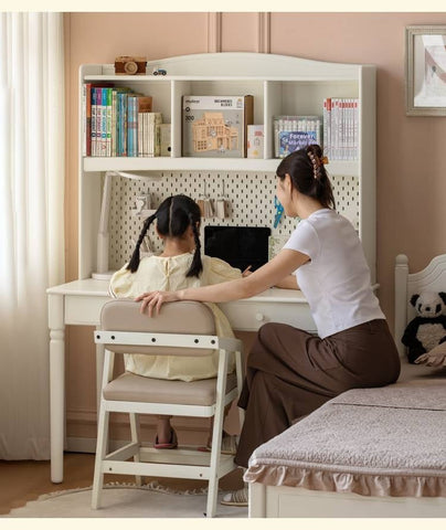 Cream Solid Rubber Wood Kids Study Desk with Storage & Retro Style for Children's Room