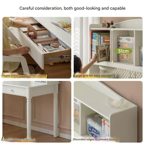 Cream Solid Rubber Wood Kids Study Desk with Storage & Retro Style for Children's Room