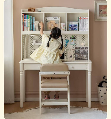 Cream Solid Rubber Wood Kids Study Desk with Storage & Retro Style for Children's Room