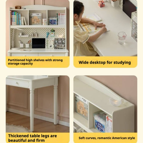Cream Solid Rubber Wood Kids Study Desk with Storage & Retro Style for Children's Room