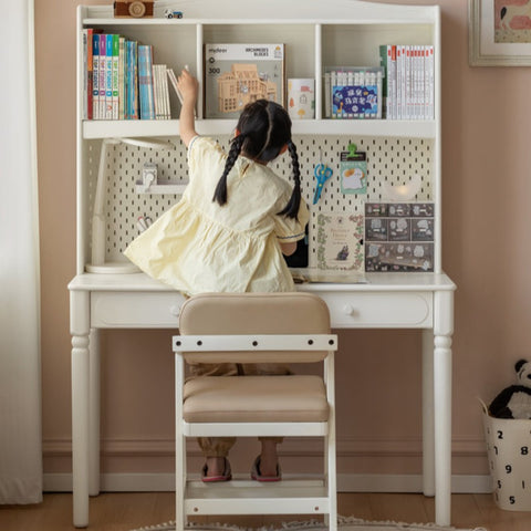 Cream Solid Rubber Wood Kids Study Desk with Storage & Retro Style for Children's Room