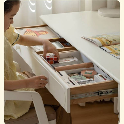 Cream Solid Rubber Wood Kids Study Desk with Storage & Retro Style for Children's Room