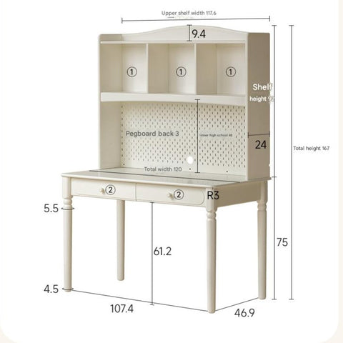 Cream Solid Rubber Wood Kids Study Desk with Storage & Retro Style for Children's Room
