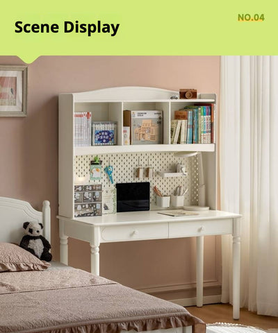 Cream Solid Rubber Wood Kids Study Desk with Storage & Retro Style for Children's Room