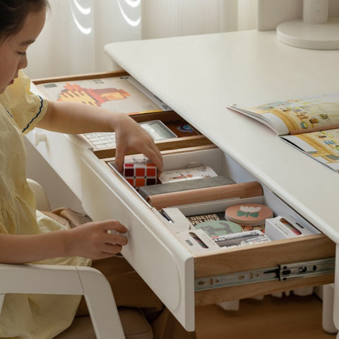 Cream Solid Rubber Wood Kids Study Desk with Storage & Retro Style for Children's Room